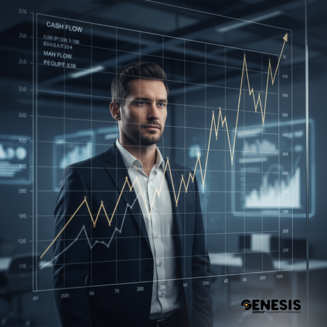 Fallimento aziendale e Cash Flow Imprenditore osserva grafico finanziario sul fallimento aziendale e cash flow, simbolo di analisi, decisione e rinascita economica.